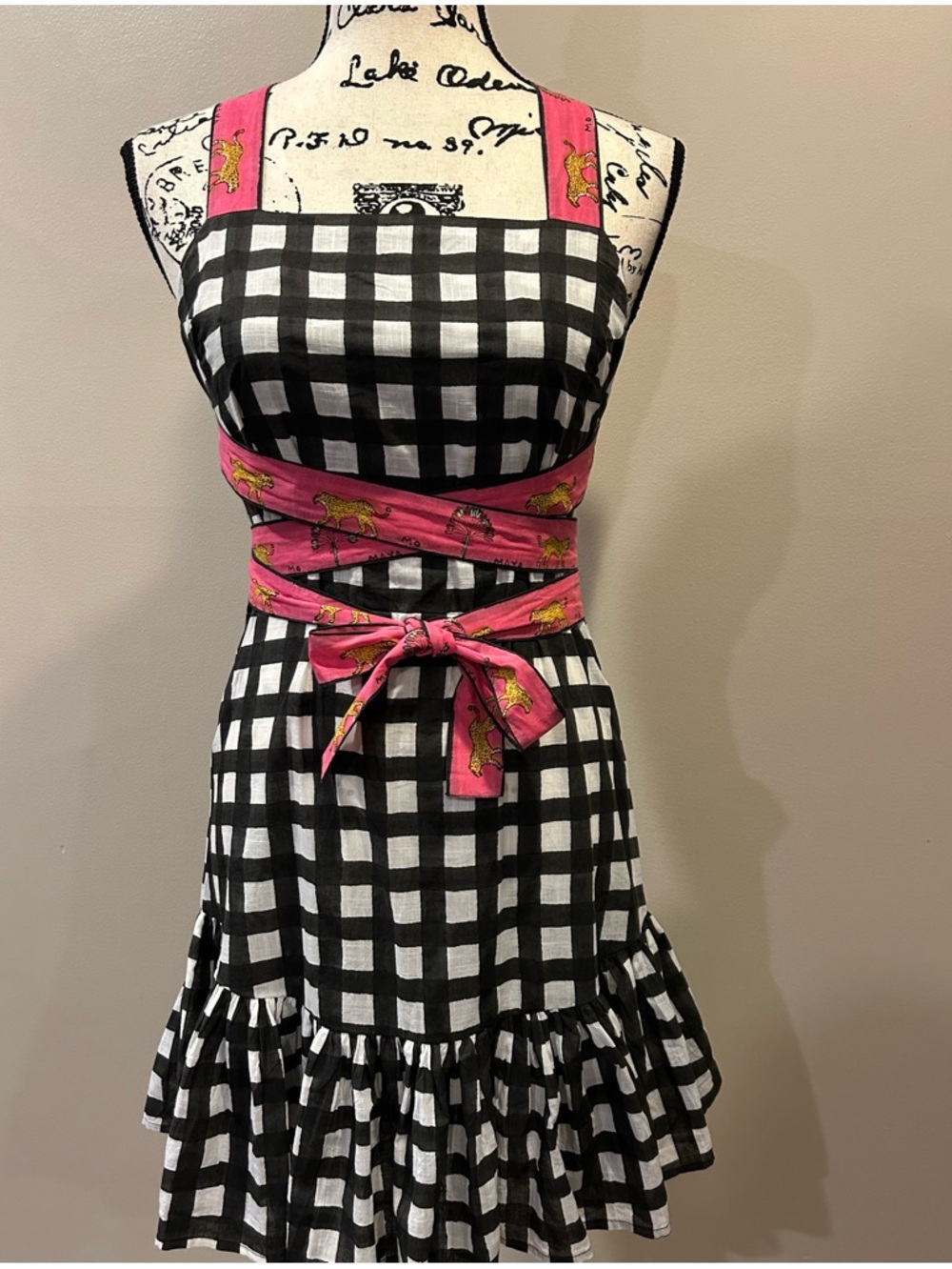Mo Maya Luna Check and Leopard Print Strap Square Neckline Sleeveless Mini Dress - Picture 3 of 16